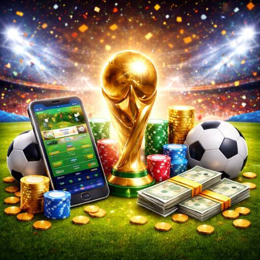 FIFA World Cup trophy surrounded by soccer balls, stacks of gold coins, colorful poker chips, and bundles of cash.