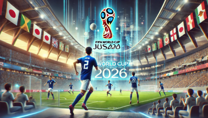 صورة للاعب من منتخب اليابان داخل ملعب مزدحم بالجماهير خلال كأس العالم 2026. تظهر الأعلام الدولية على سقف الاستاد، مع شعار البطولة الرسمي في المنتصف